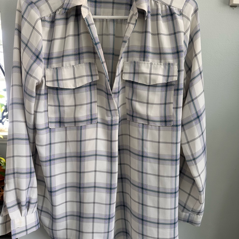 Ann Taylor White Shirt with Blue and Gray Plaid